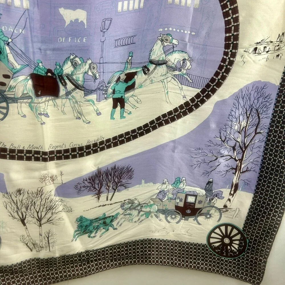 Vintage Chun‎ Hua Silk Scarf Women Square Horse Carriage Equestrian England Pub